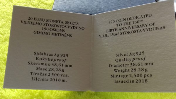 2018 20 € LB kolekcinė moneta, skirta Vydūno 150 metų sukakčiai - Image 4