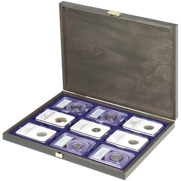 Solidi tikro medžio dėžutė sertifikuotoms monetoms "Solid wood case carus-1" su mėlyna palete - Image 3