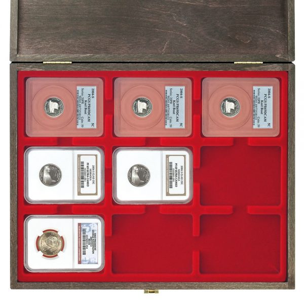 Solidi tikro medžio dėžutė sertifikuotoms monetoms "Solid wood case carus-1" su raudona palete - Image 3